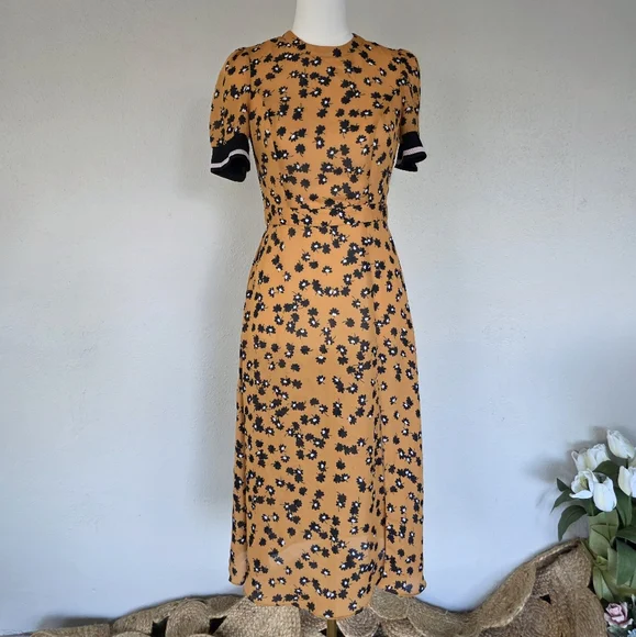 Saylor Mustard Floral Open Back Midi Dress Size Small Puff Sleeve Tie Back S - Picture 4 of 8